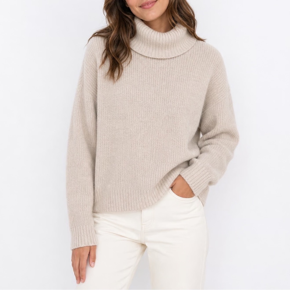 HM Women's Beige Ribbed Knit Turtleneck Sweater Wool Blend Large